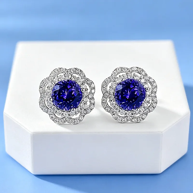 Luxury white gold solid platinum PT950 tanzanite purple earrings 6.5mm round flower shape surrounded by light luxury style