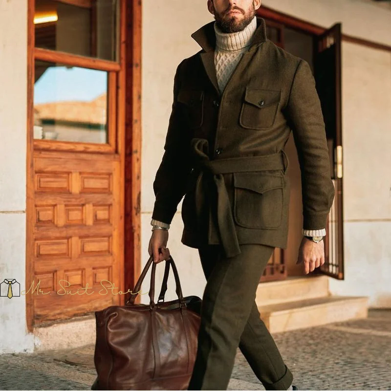 

2025 Autumn Winter New Men's Jacket Stand up Collar Woolen Blended Windbreaker Single-breasted Hunting Warm Casual Blazer Men