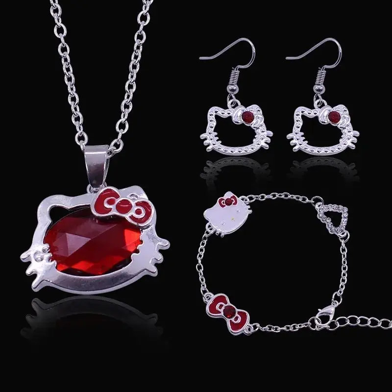 Three-piece Sanrio Hello Kitty  Bracelets Necklaces Earrings Y2k Female StudentsFashion Cute Cartoon Love Jewelry Gift Kawaii