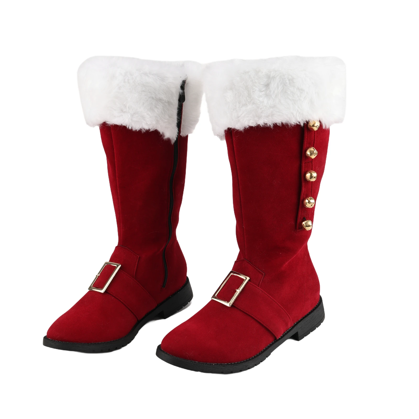 Stivali natalizi da Babbo Natale Stivali da combattimento da uomo al polpaccio largo Scarpe cosplay con polsini in peluche bianchi per il costume di Natale di Halloween