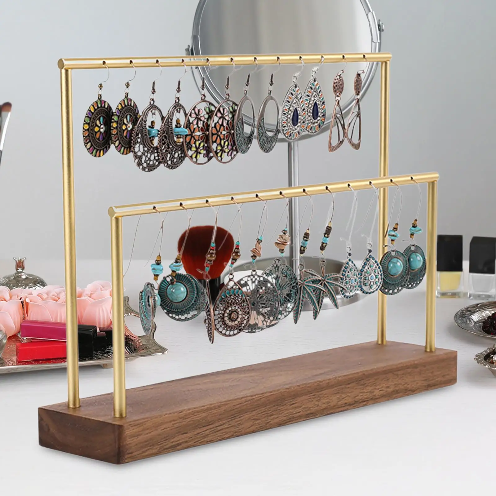 Earring Ear Studs Display Storage Rack Wooden Bottom with 24 Hanging Holes Necklace Organizer for Dressing Table Decorative image 4