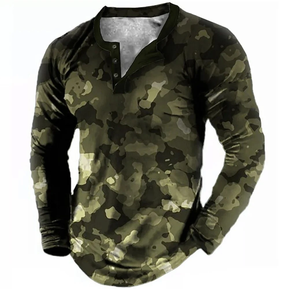 Autumn Camouflage 3D Print Henley Shirts Men\'s Fashion Streetwear Vintage Button-Down Long Sleeve T Shirt Man Tees Tops Clothing