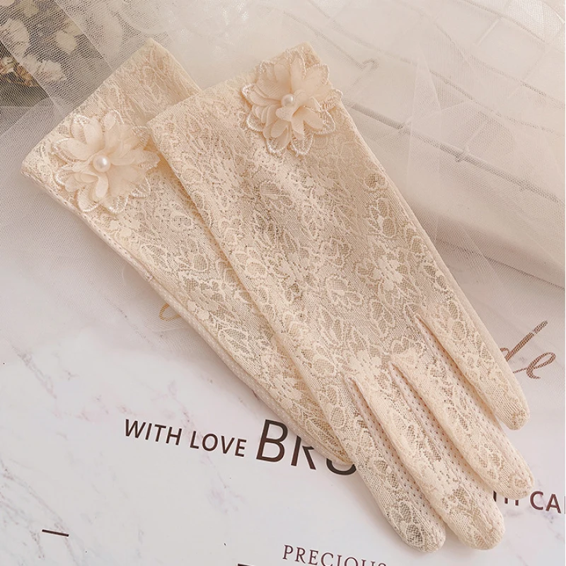 Women Summer Sunscreen Delicate Lace Flowers Driving Cycling Breathable Gloves Thin Elegant Female Short Soft