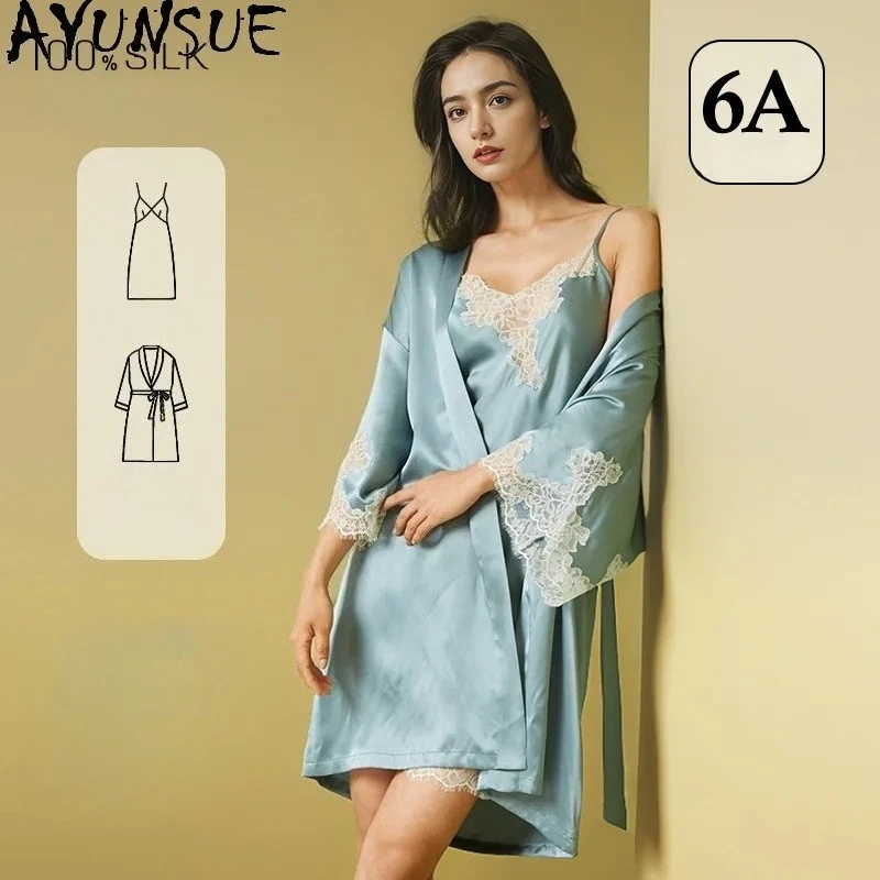 AYUNSUE 100% Mulberry Silk Pijama Feminino 19MM Silk Sleepwear Set Spring Summer Clothes Sexi Night Outfit Халат Женский