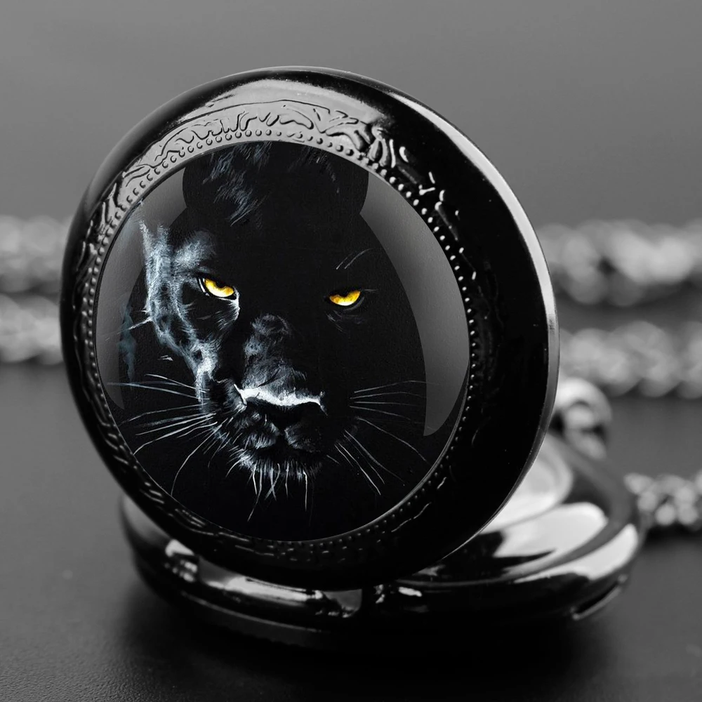 Panther Design Glass Dome Fashion Arabic Numerals Quartz Pocket Watch Necklace Pendant Chain Mens Women Gifts