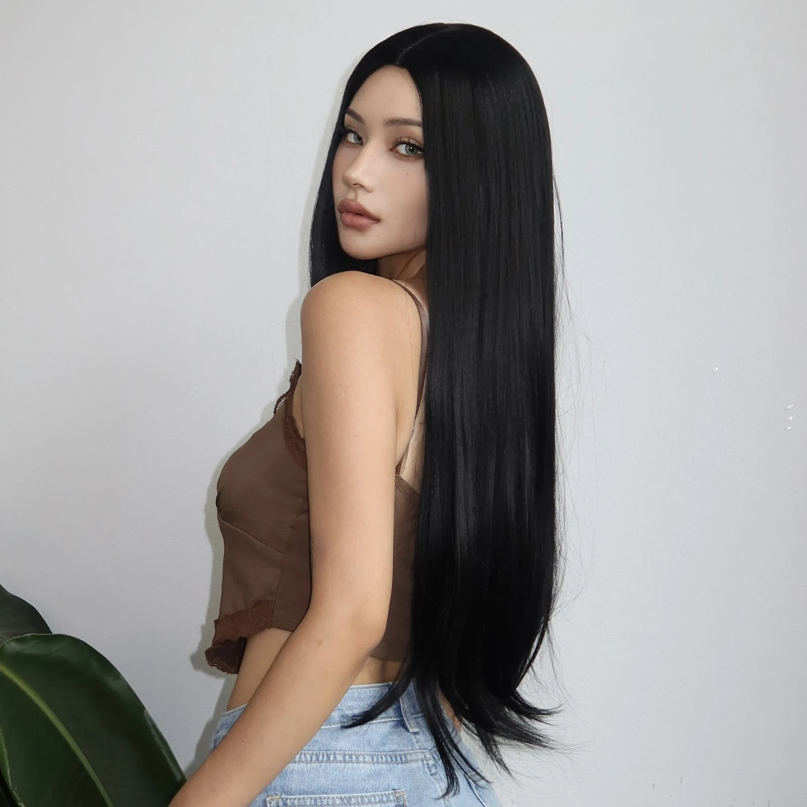 Natural Black Long Straight Synthetic Women Wigs Middle Part for Women Afro Daily Cosplay Party Heat Resistant Fiber Wig