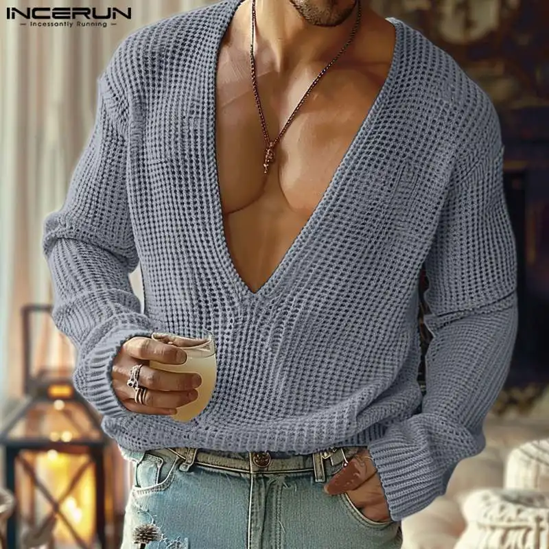 INCERUN Tops 2024 American Style Men's Knitted Hollow Mesh Design T-shirts Sexy Casual V-neck Long Sleeved Loose Camiseta S-3XL