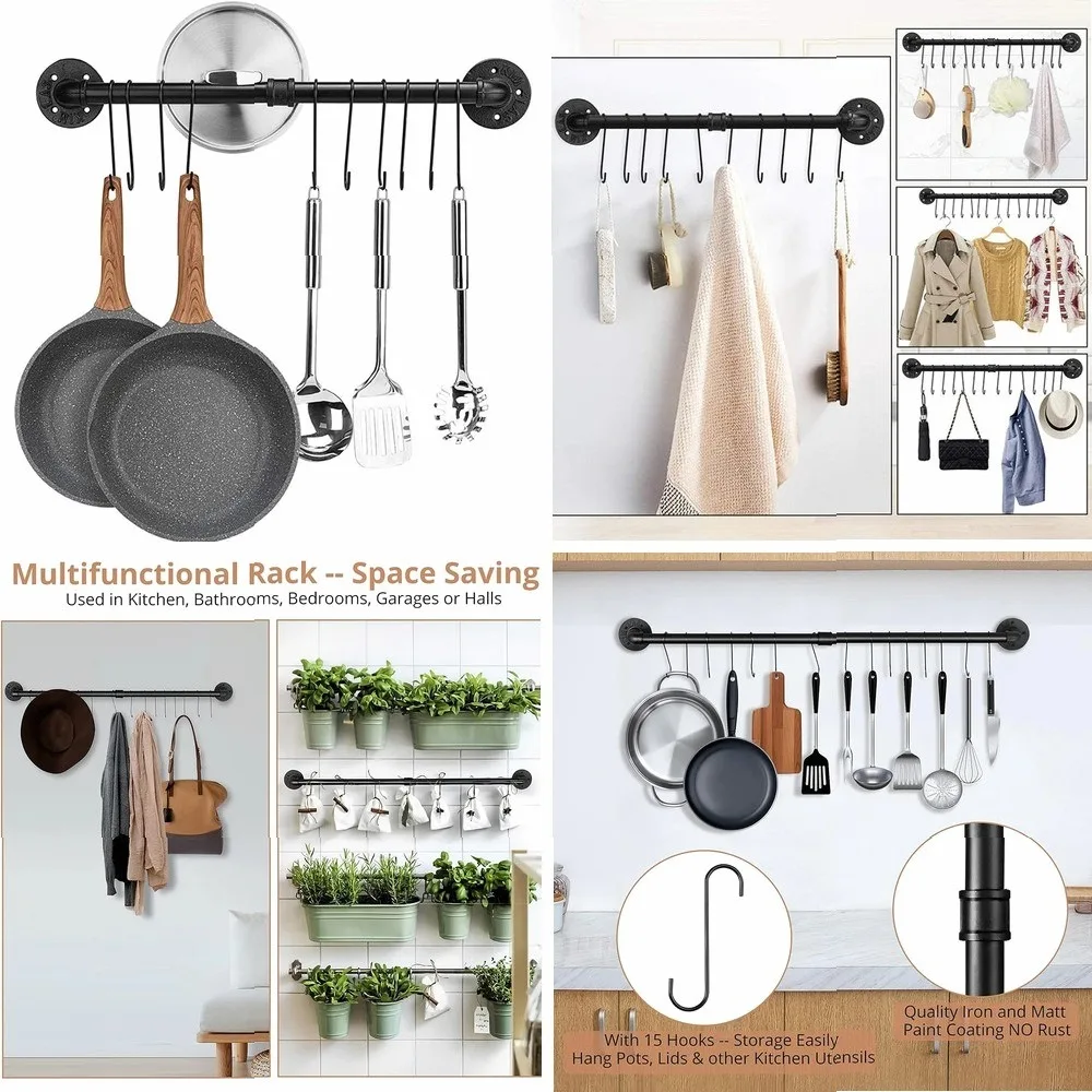 

Wall Mounted Storage Rack with 10 Hooks Pan Pot Lid Shovel Spoon Organizer Hanging Iron Rack Kitchen Utensils
