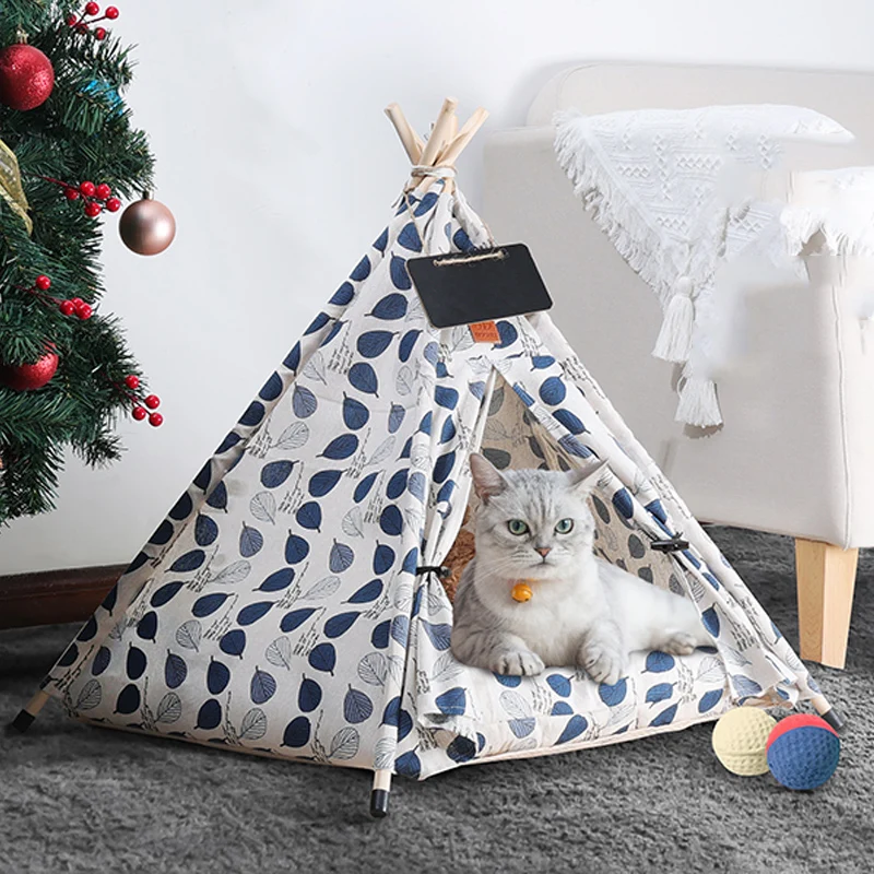 Pet Tent House Dog Bed Portable Removable Washable Teepee Puppy Cat Indoor Outdoor Kennels Cave with Cushion and Blackboard