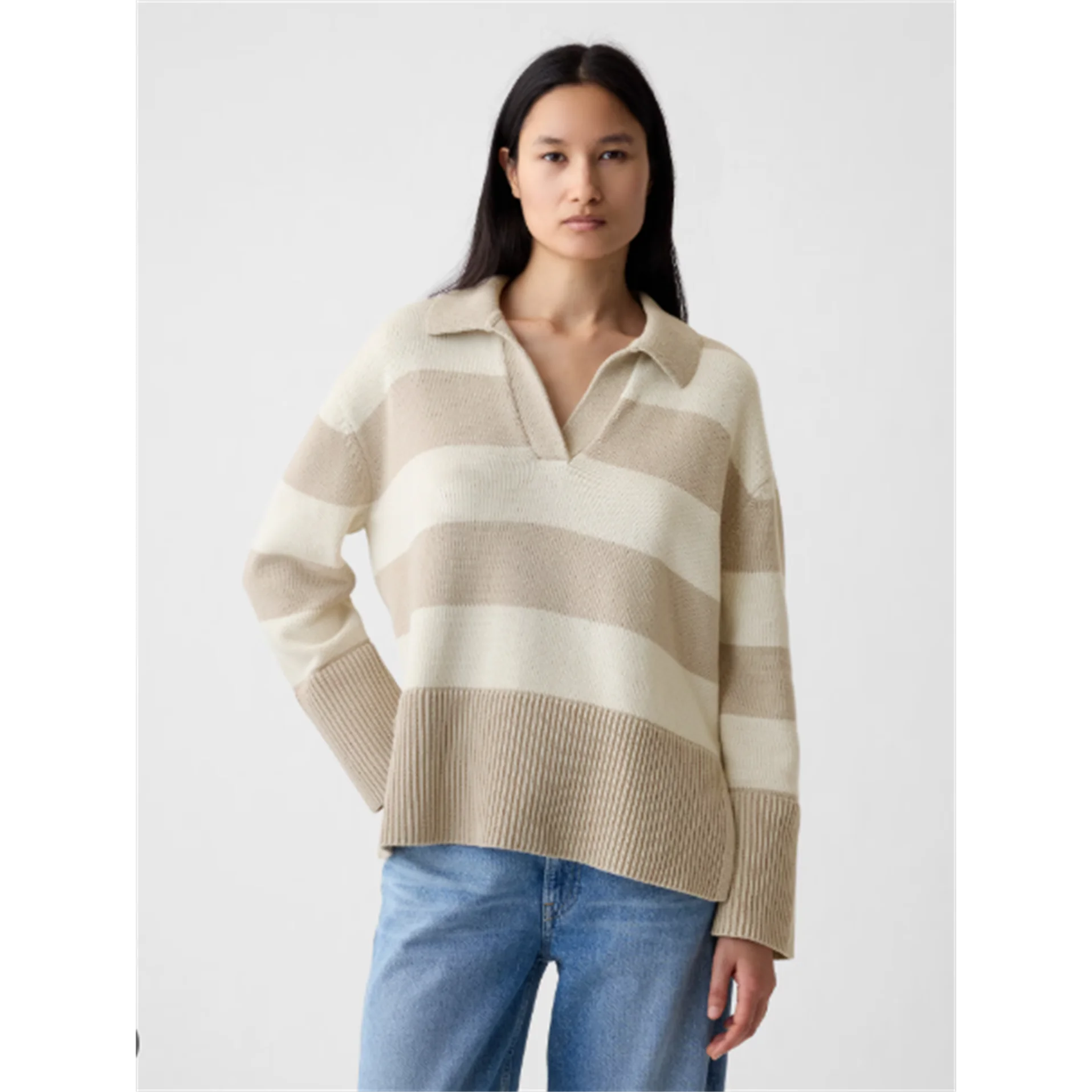 

Commuter Sle Loose Knitted Sweater V-Ne Overhead Striped Pattern Warm Thermal Long Sve Regular Length Autumn Winter
