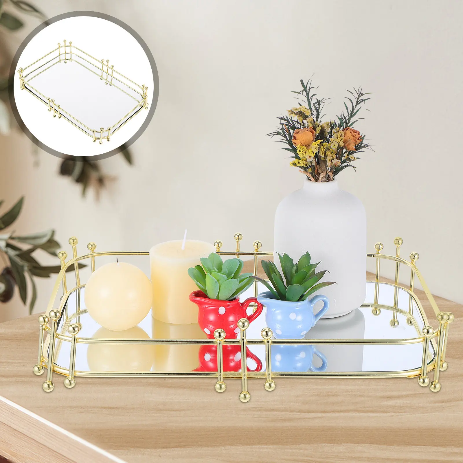 

Vanity Tray Makeup Organizer Decorative Iron Storage Tray for Bathroom Perfume Skincare Jewelry Dresser Perfume Stand