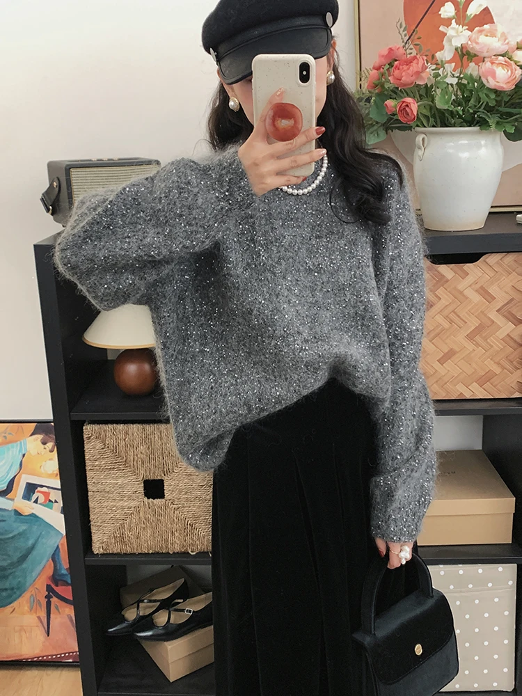 

Женский вязаный свитер с пайетками, свободный крой, модный, с круглым вырезом, длинными рукавами, премиум-класса, уютный, как кашемир