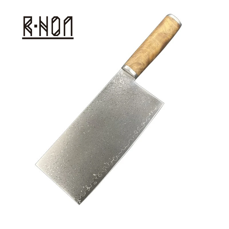 RHON Cleaver Knife 7inch Damascus Steel Sharp Edge Chinese Chef Kitchen Meat Slicing Vegetable Cutting Fruit Knives Wood Handle