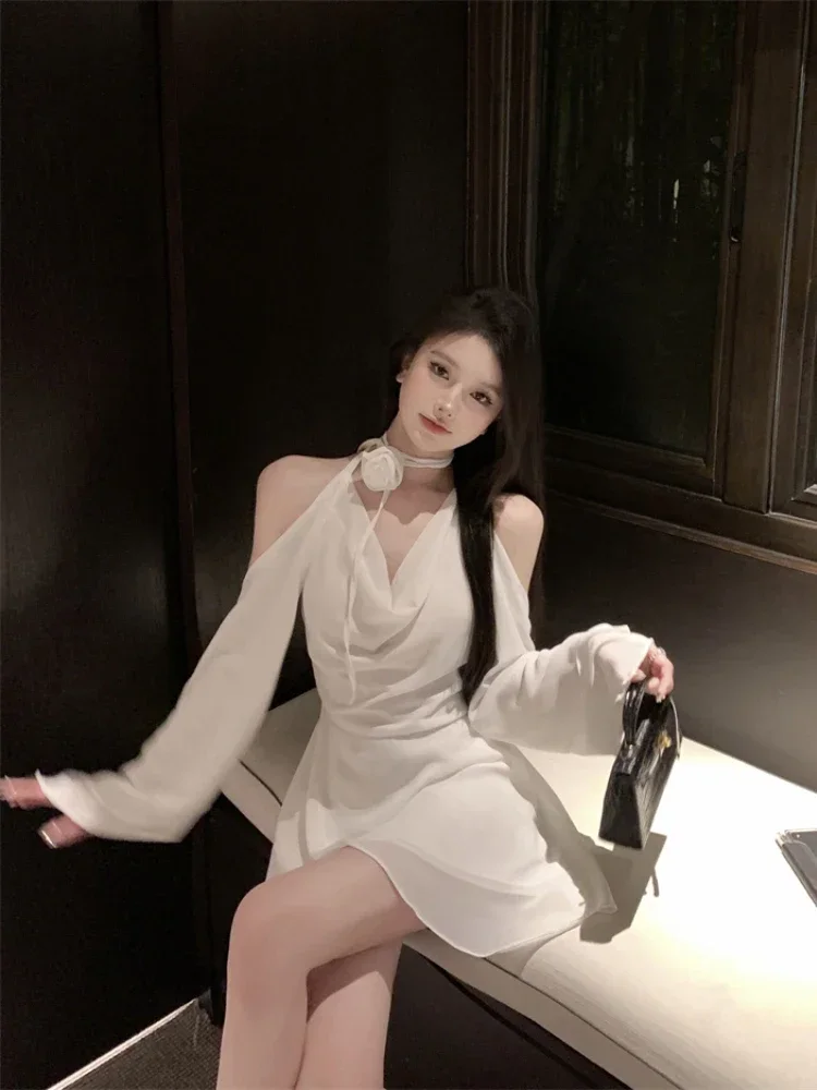 Ezgaga Elegant Dresses Women Flowers Bandage Swinging Collar V Neck Hollow Out Backless Lantern Long Sleeve Sexy Dress Party