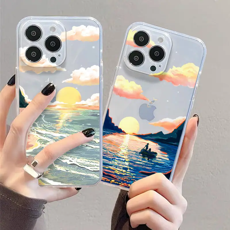 شفافة الجمالية شاطئ البحر الغروب مشهد جراب هاتف آيفون 16 15 14 13 12 11 بروماكس X XS XR 7 8 زائد جراب هاتف غطاء