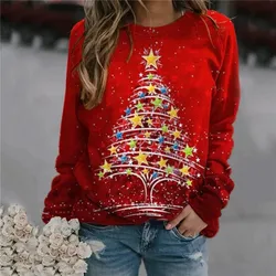 Christmas Tree Pattern Women Fashion Red T-Shirts Autumn Winter Long Sleeve 3D Printed Street Christmas Style Ladies Tops Tee