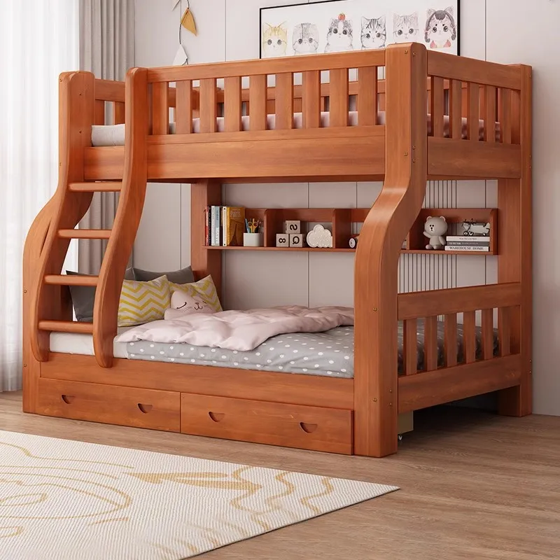 Camas superiores e inferiores de madera maciza, litera alta y baja para adultos, litera doble, litera superior e inferior de madera, tamaño pequeño
