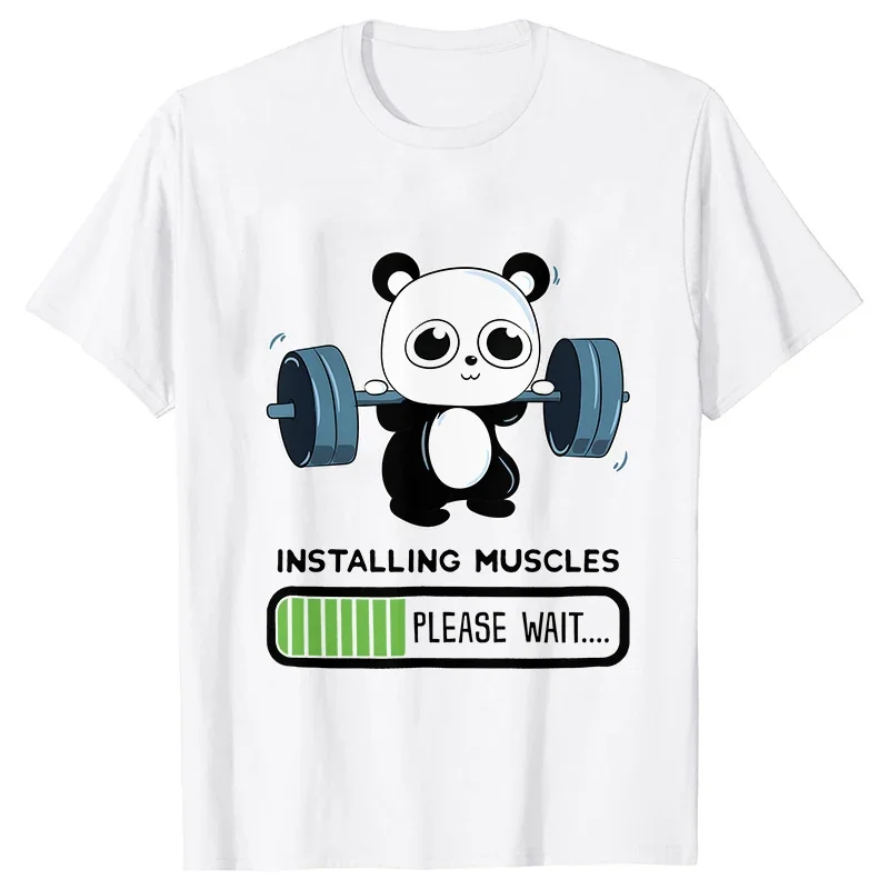 Funny Panda Gym Print T-Shirt Summer Tees for Women O-neck Casual Short Sleeve Weightlifting Installing Muscles Summer Tee Tops