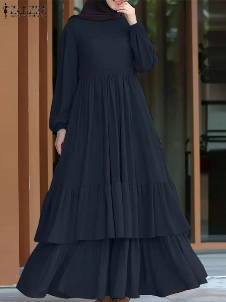 ZANZEA jesienne sukienki Maxi kobiety elegancki długi rękaw latarniowy muzułmańska szata Abaya Femme Patchwork hidżab Sundress islamska odzież