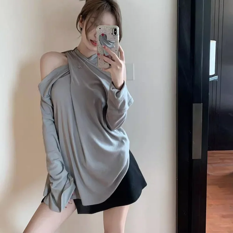 Sexy Off Shoulder Loose T Shirts Spring Autumn New Long Sleeve Solid Thin Temperament Tops Tees Fashion Casual Women Clothing