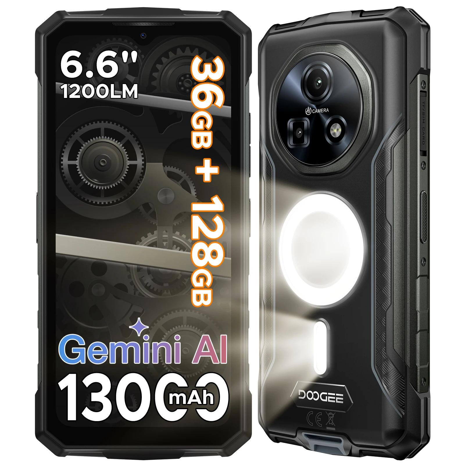 DOOGEE Fire 5 Ultra Robuuste Telefoon 36GB 128GB 13000mAh Batterij Helio G81 6.6'' HD+ Scherm 48MP Camera NFC Dubbele Campinglampjes Android 16 Smartphone