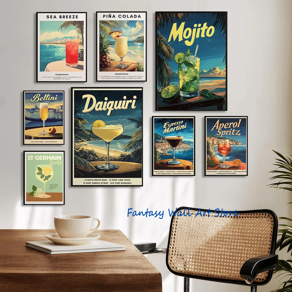 Retro Cocktail Alcohol Drink Bar Chart Mojito Recipe Espresso Martini  Aperol Spritz Poster Canvas Painting Wall Pictures Decor