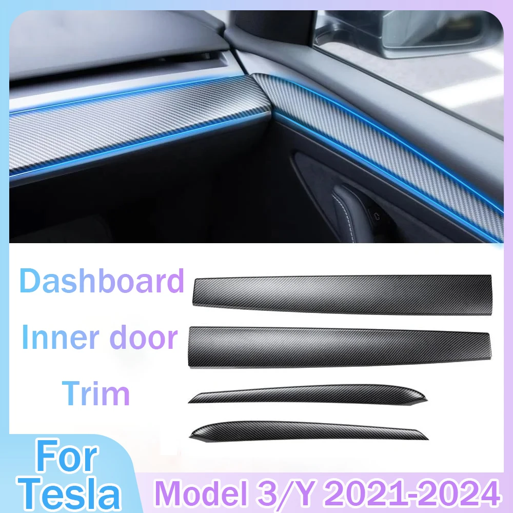 Car Dashboard Cover For Tesla Model 3 Y Door Dash Trim Panel Carbon Fibre ABS Interior Accessories Sticker 2021-2024 New