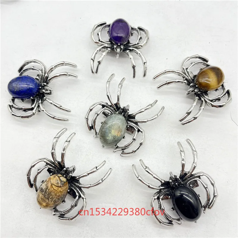 5pc Fashionable Natural Crystal Agate Inlaid with Gemstone Alloy Spider Pendant and Brooch Dual-purpose Necklace DIY Accessories