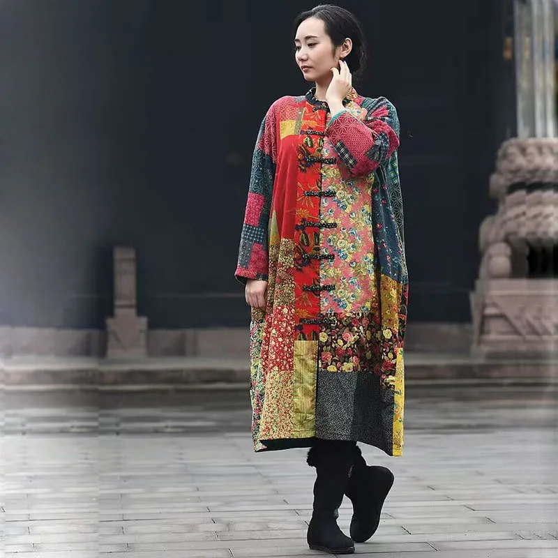 Ethnic Wind Autumn Cotton Linen Patchwork Color Beggar Coat Female Original Over Knee Long Frog Buckle Large Size Trench Coat