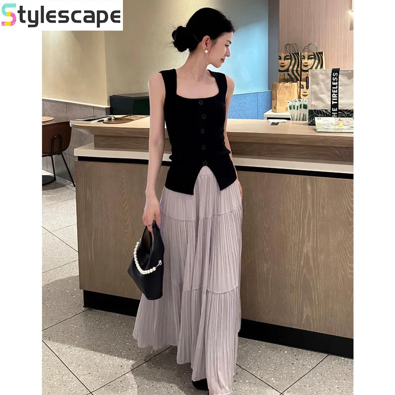 

French Square Neck Knitted Sleeveless Vest for Women's Summer Design, Lazy and High Waisted Skirt Set, Two-piece Set Dress Sets