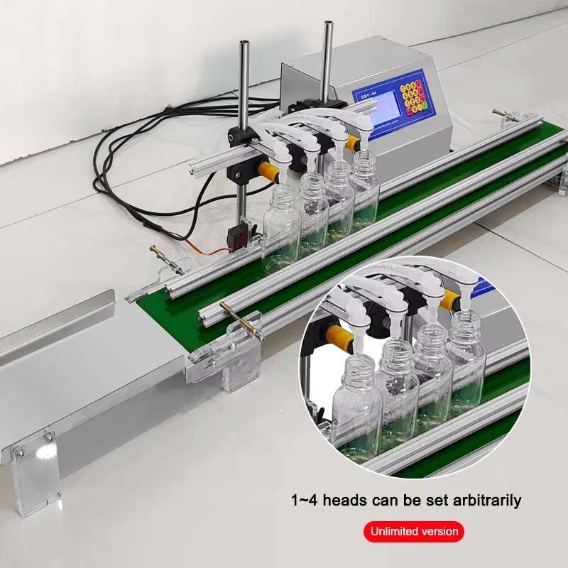 Automatyczna pompa membranowa do napełniania mały płyn cztery głowice z przenośnikiem taśmowym napełniacz oleju 4*3000ml/głowica CSY-4H3200/4H1200