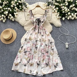 Elegant Sexy off shoulder vintage print split Slip Dress Summer Beach Vestidos Slim sleeveless Women party dresses