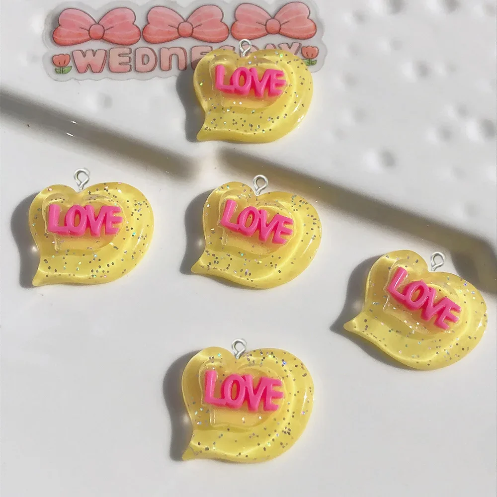 10Pcs New glitter love heart resin charms pendants for jewelry making bracelets necklace earrings accessories flatback cabochon