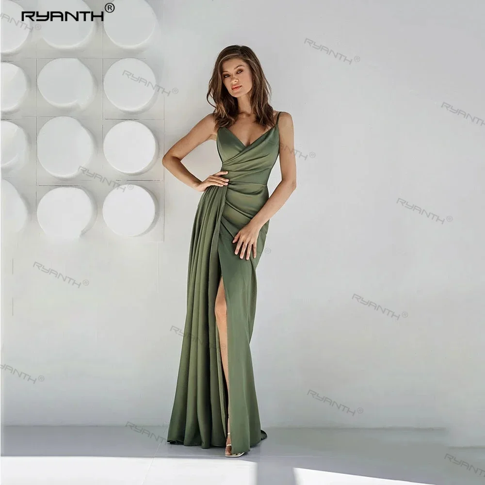 

Ryanth Olive Green Satin Evening Dress High Slit Spaghetti Strap V-neck Mermaid Prom Gowns Party Vestidos De Fiesta Ruched 2023