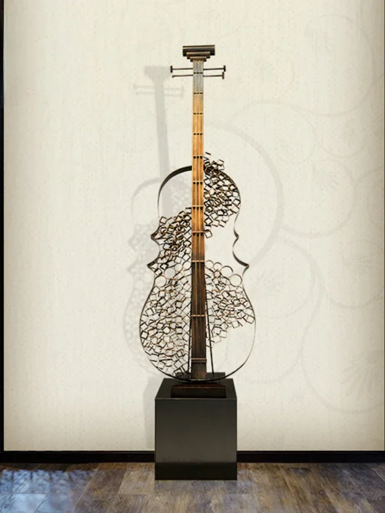 Neoclassical Musical Instrument Art Decorations Wrought Iron Metal Sculpture Large Violin Floor Ornaments