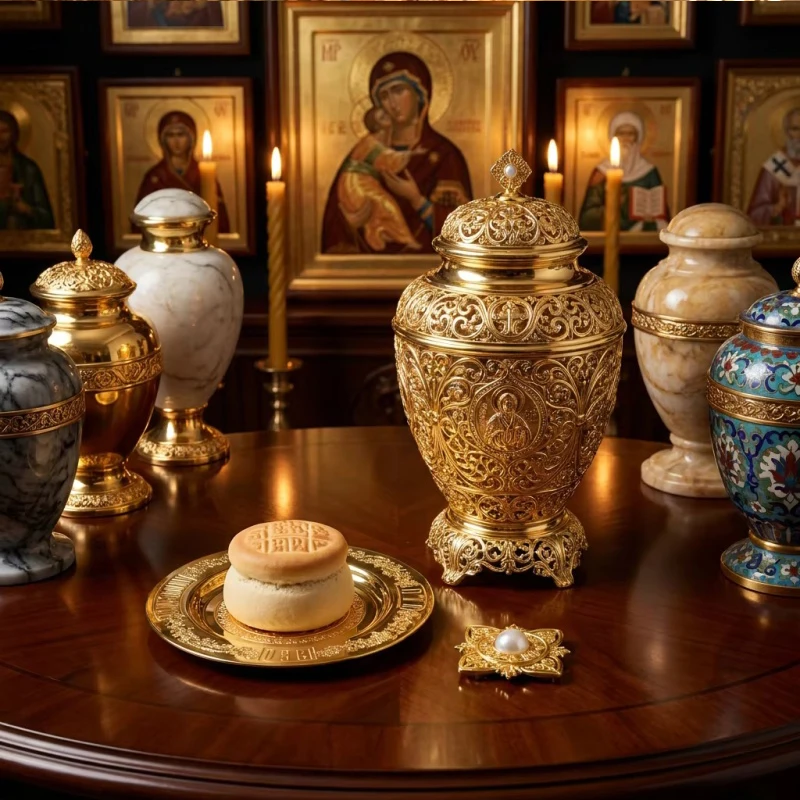 Orthodoxes Altar-Set mit Goldener Ikonenplatte, Liturgischem Brot und Verziertem Quadratischen Ornament in Geschenkbox - Byzantinische Religiöse Heimdekoration – Detail 3
