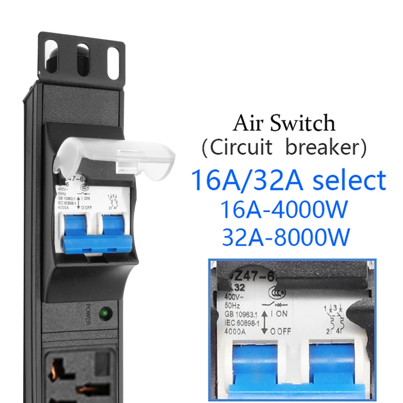 Power Strip 16A 4000W 32A 8000W 2-10 Ways Universal Socket Wiring Board Socket For Network Rack Power Distribution Unit