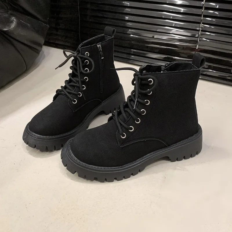 Hot Sale Women 4.5cm Chunky Sole Combat Boots Round Toe Lace Up Ankle Booties Pull Tab Versatile Outdoor Winter Casual Shoes
