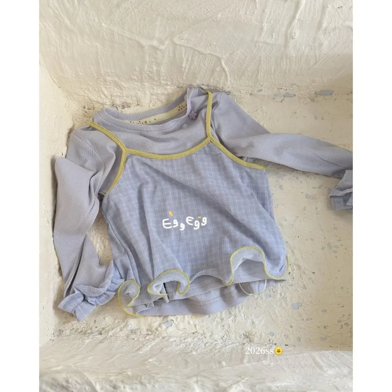 

Girls' clothing 2026 Spring New Children's Korean Fashion Round Neck Strap Long Sleeve Base Top