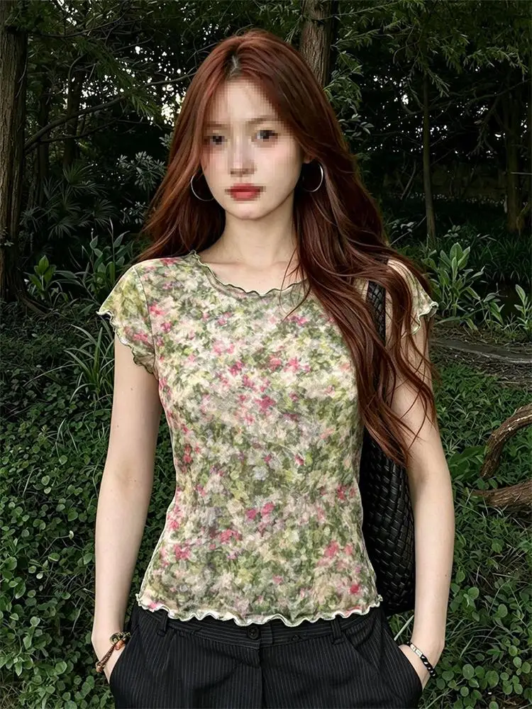 Korean Style round Neck Ice Silk Floral Print Short Sleeve T-Shirt Women's Summer New Light Luxury Base Shirt Sexy Top