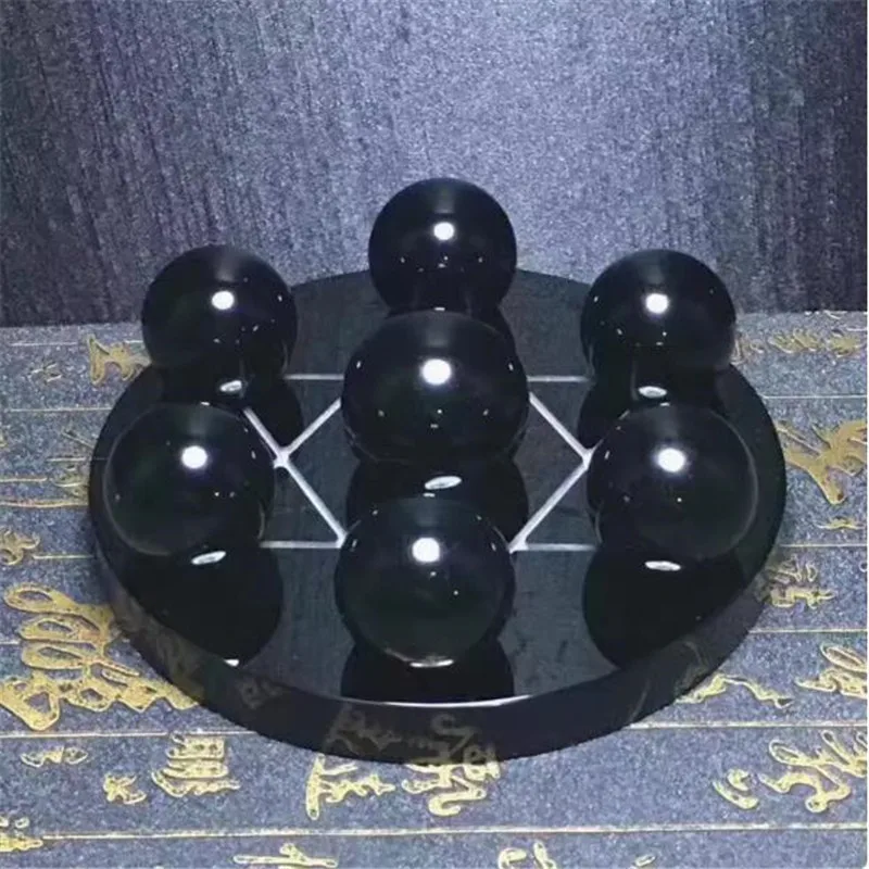 10 cm Natürliche Schwarze Obsidian Stein Kugel Kugel Sieben Sterne Array Runde Grundplatte Fengshui Spiegel Für Home Dekoration geschenk – Detail 5