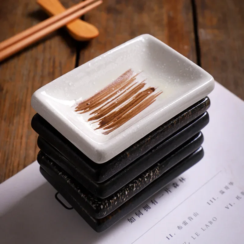 Plato rectangular de cerámica para salsa, 4 piezas, estilo japonés, aromatizante, Sushi, mostaza, soja, flor de cerezo, pimienta, bandeja para el hogar