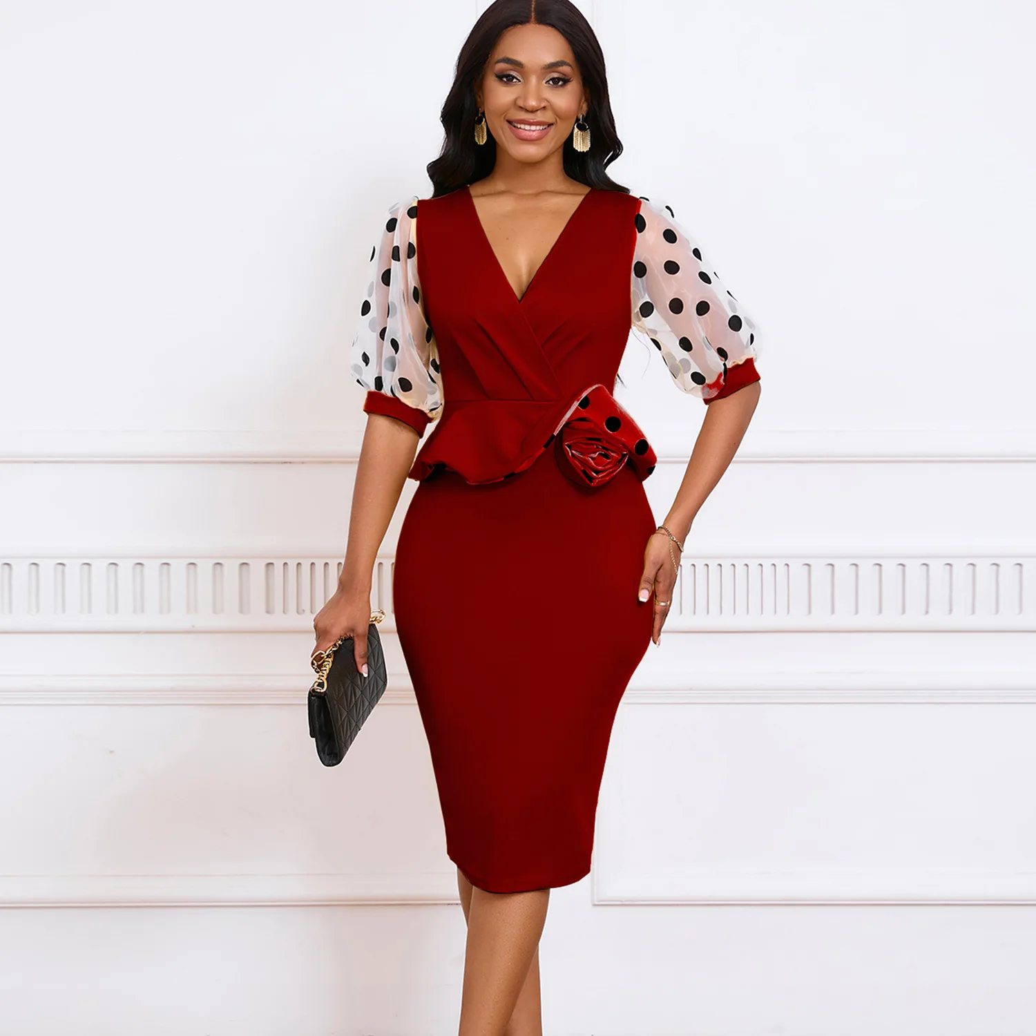 

D502 Summer New Mesh Flocked Puff Sleeve V-Neck Fashionable Elegant Bodycon Dress