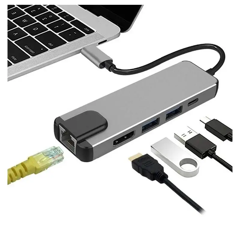 

Адаптер-концентратор 5 в 1, USB Type-C к 4k HdTV с HDMI RJ45, автомобильный считыватель d, быстрая зарядка Pd для компьютера