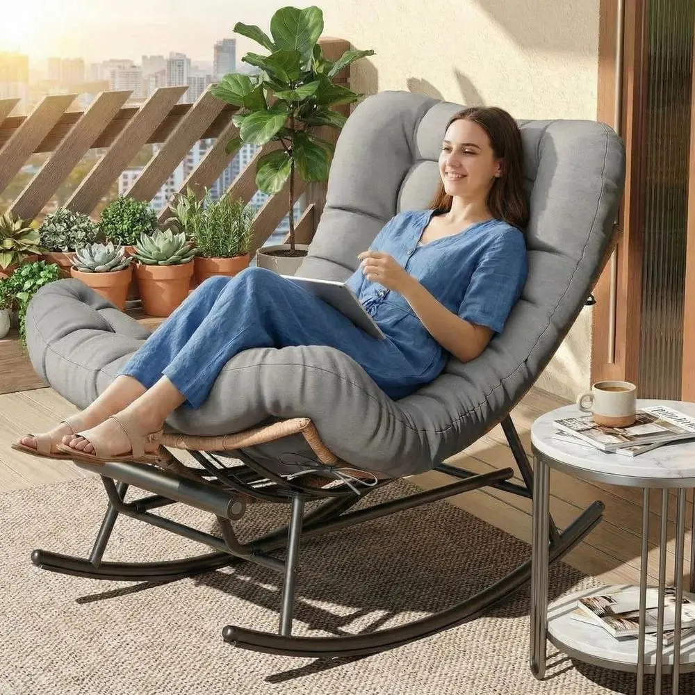 Sturdy Rattan Indoor Rocking Chair with Removable Cushion, 352lbs Capacity, Grey