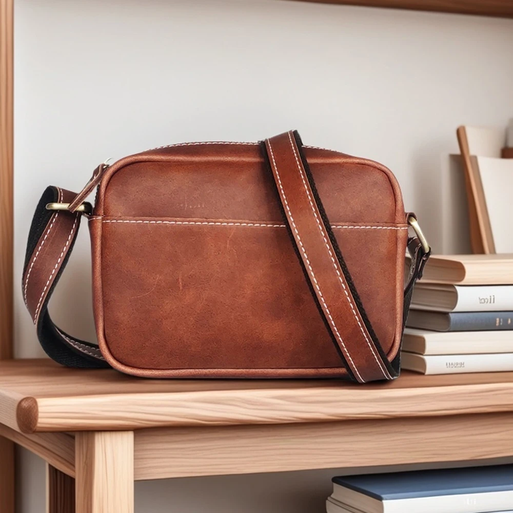 High-End Niche Crossbody Bag Men's Fashionable Shoulder Bag Men's Bag Crazy Horse Patterned Leather Retro Small Square Bag