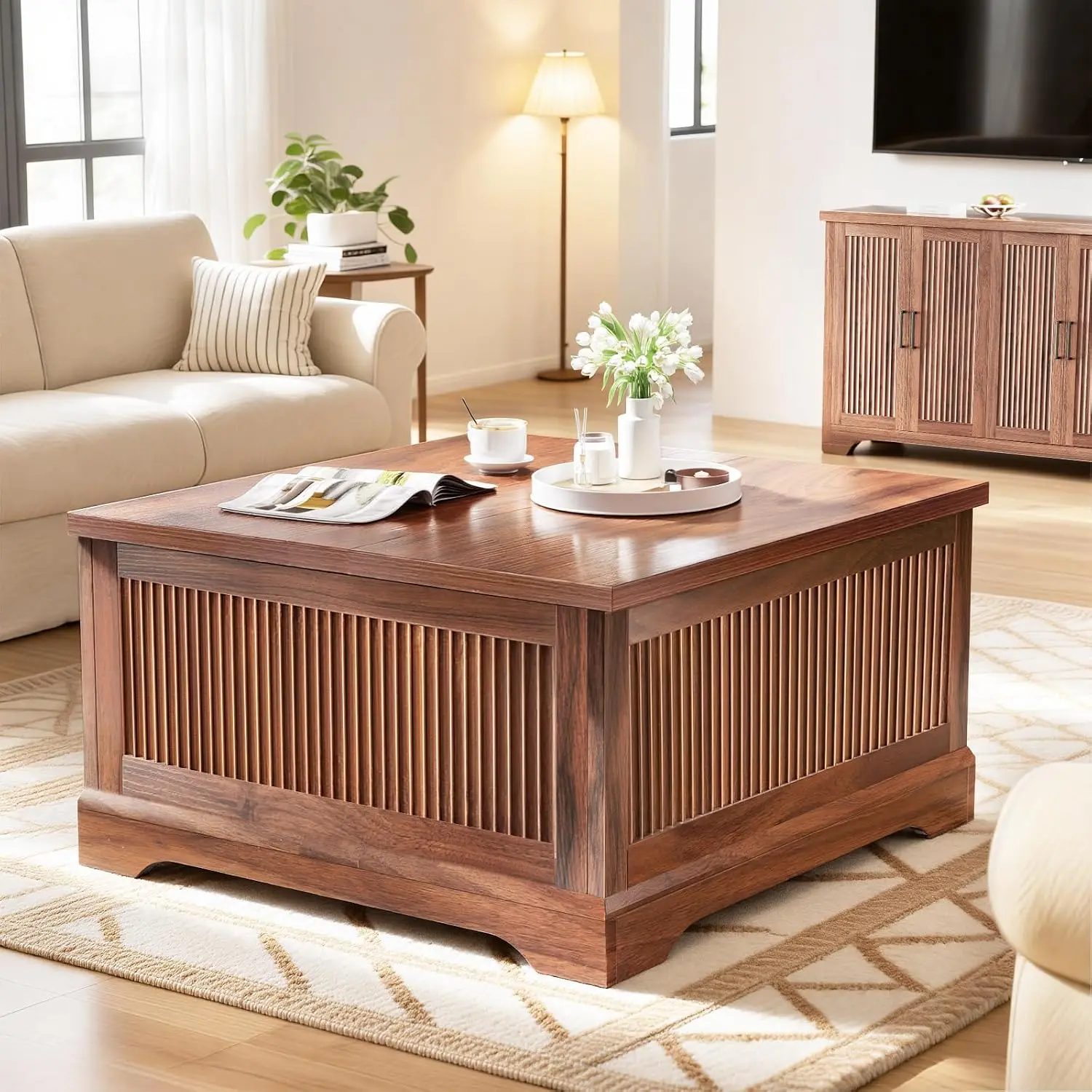 Fluted Lift Top Coffee Table with Hidden Storage, Walnut, Customized