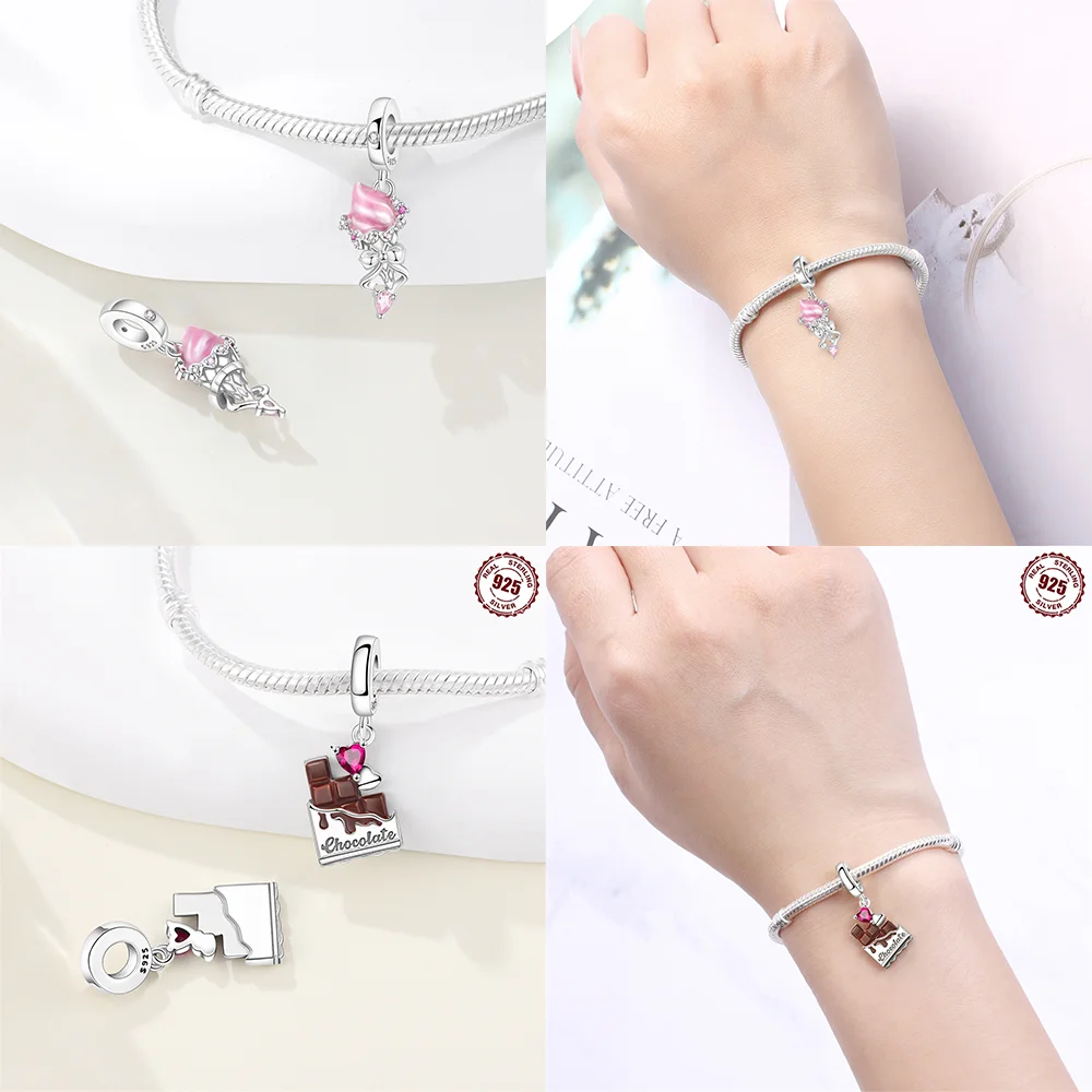 Food Charms 925 Silver Strawberry Ice Cream Love Coffee Chocolate Cherry Bead Pendant Fit DIY Bracelet Bag Keychain Jewelry Gift