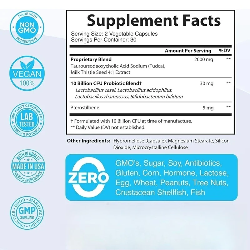 2000mg TUDCA Bile Salt Supplement Complex for Liver Detoxification and Cleansing 4:1 Milk Thistle+60 Probiotics Non GMO Capsules