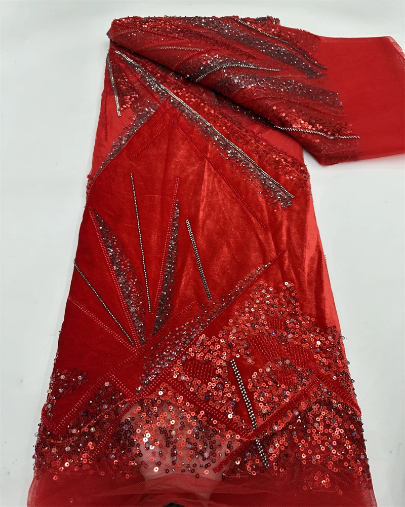 

Luxury Velvet Lace Fabric 5 Yards High Quality 2026 Beaded Lace Fabric Fashion Sequin African Laces Fabric For Women